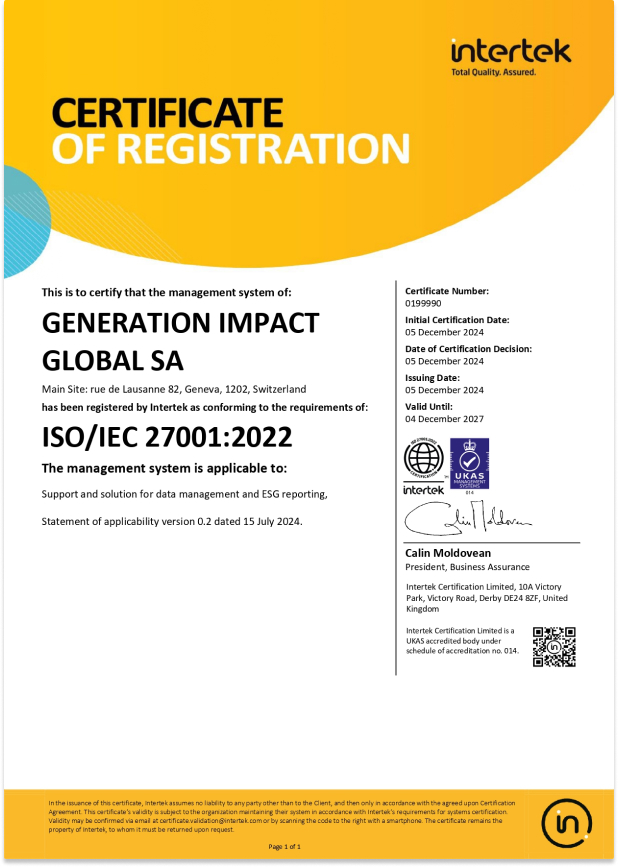 ISO/IEC 27001:2022 Certificate for Generation Impact Global