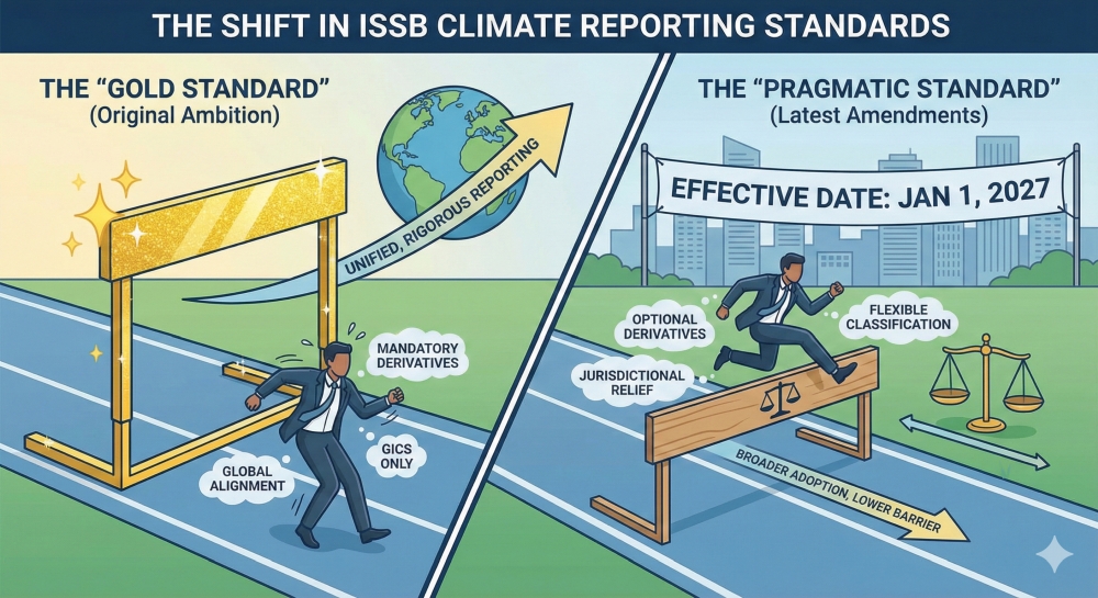 Illustration comparing ISSB climate reporting standards, showing shift from gold standard to pragmatic standard with lower barriers, optional derivatives, flexible classification, and jurisdictional relief effective 2027