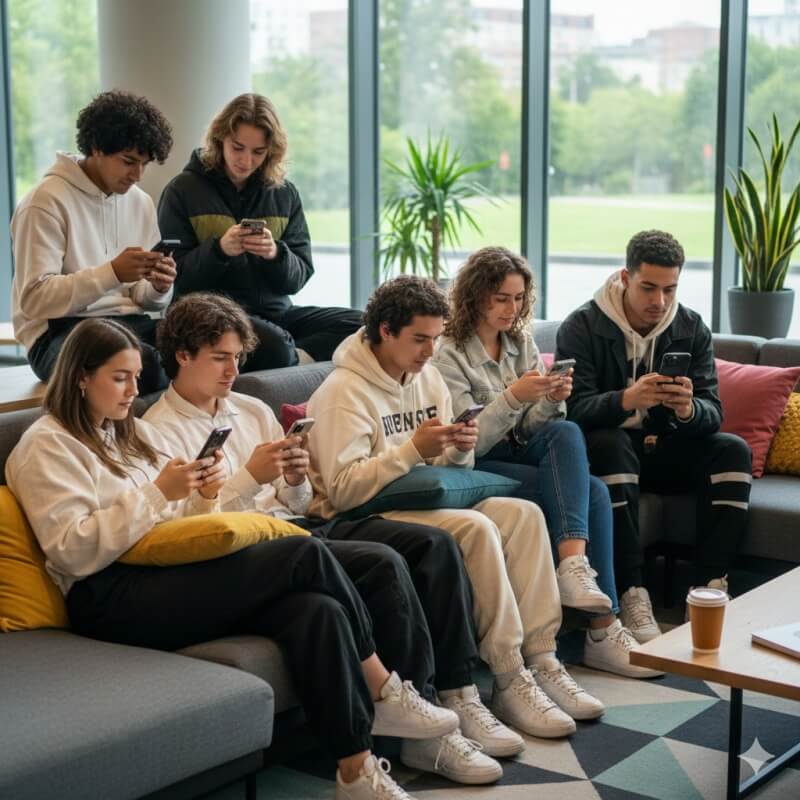 Gen Z group using smartphones to follow sustainable investing trends, digital finance insights, and ESG-focused investment opportunities