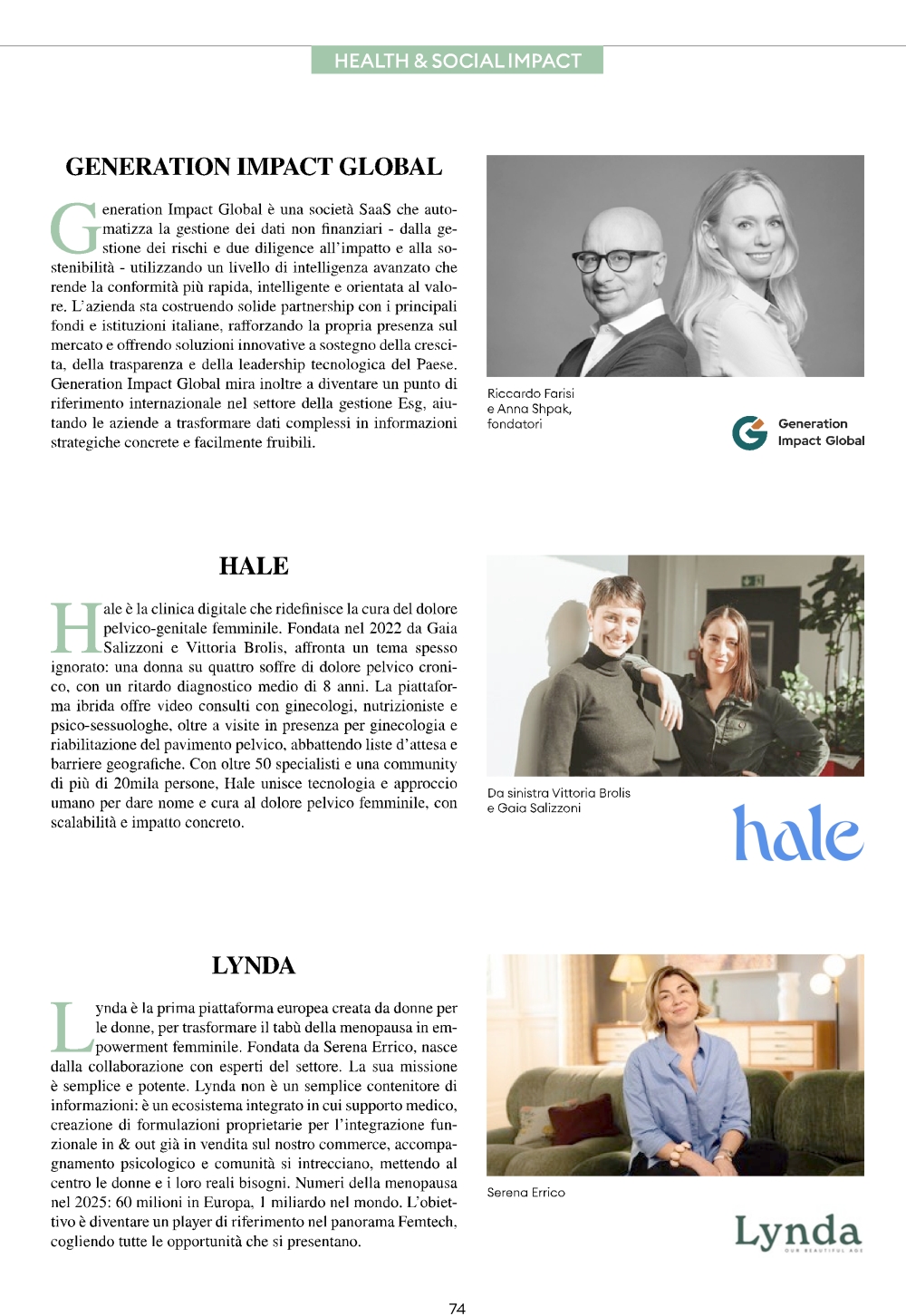 Forbes Italia page highlighting Generation Impact Global among the Top 100 Italian Startups with company overview and key information