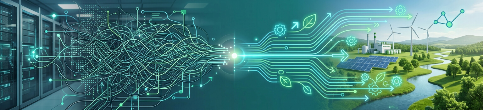 Conceptual digital banner illustrating the EU Environmental Omnibus, showing a transition from complex administrative data tangles to streamlined, green-tech pathways representing simplified industrial and environmental compliance