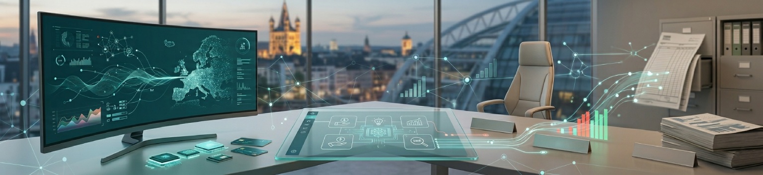 Digital workspace with a European map data visualization and a voluntary reporting template interface representing the EFRAG ESAP SME assessment.