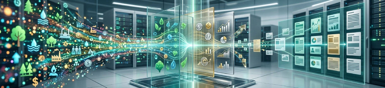 Double materiality assessment process transforming ESG data into a CSRD sustainability report under Simplified ESRS