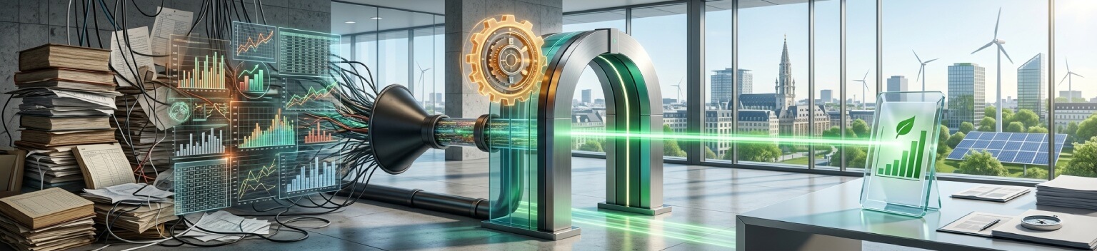 Conceptual banner showing Directive (EU) 2026/470 (Omnibus I) simplifying CSRD reporting by filtering complex sustainability data into streamlined, efficient outputs.