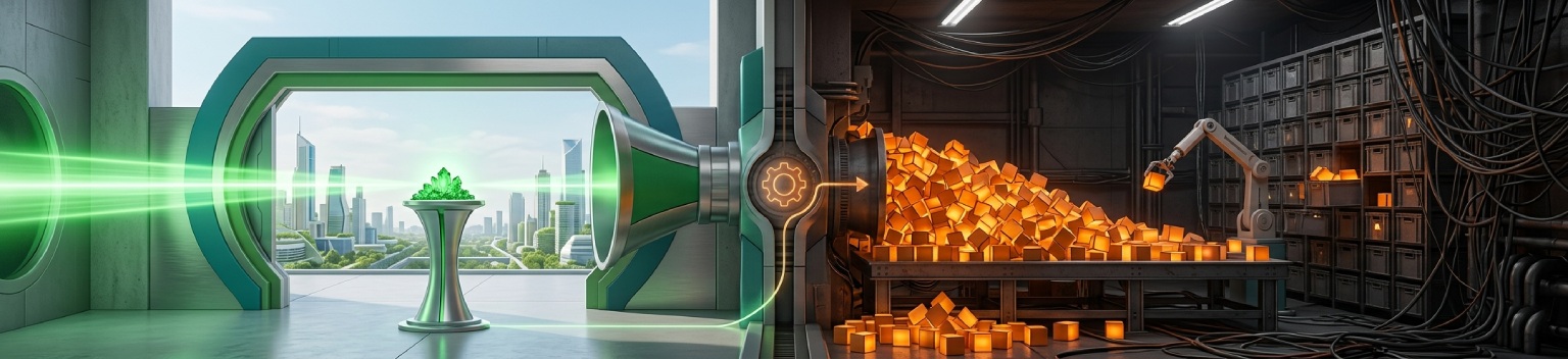 Conceptual banner illustrating the contrast between top-down materiality assessment and bottom-up data collection for CSRD and ESRS sustainability reporting.