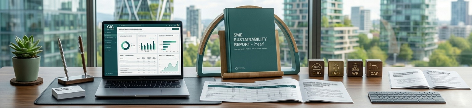 Modern office workspace featuring a digital ESG dashboard and printed documents for the VSME sustainability reporting standard and Directive (EU) 2026/470, illustrating the regulatory value chain cap and simplified disclosures for SMEs.