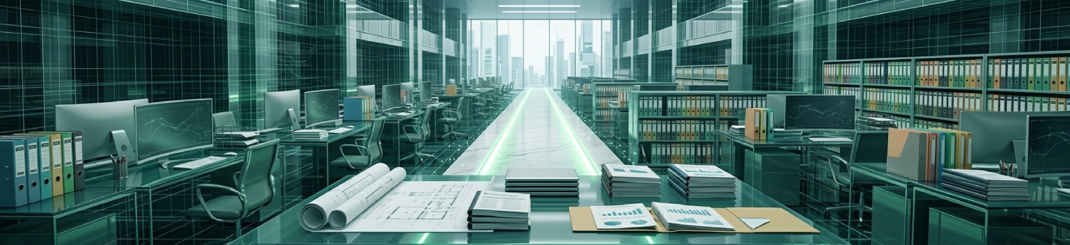A photorealistic modern office interior with organized document stacks, professional folders, and digital data grids, symbolizing the streamlined workflows of the simplified ESRS and Double Materiality Assessment (DMA) reporting framework.