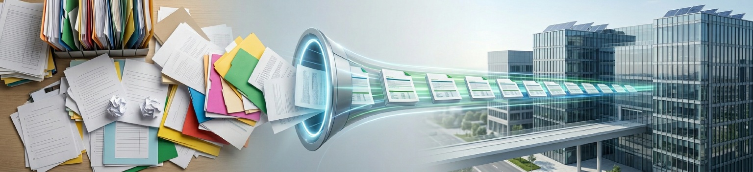 Conceptual visualization of VSME sustainability reporting for SMEs, streamlining ESG data into a modern sustainable office