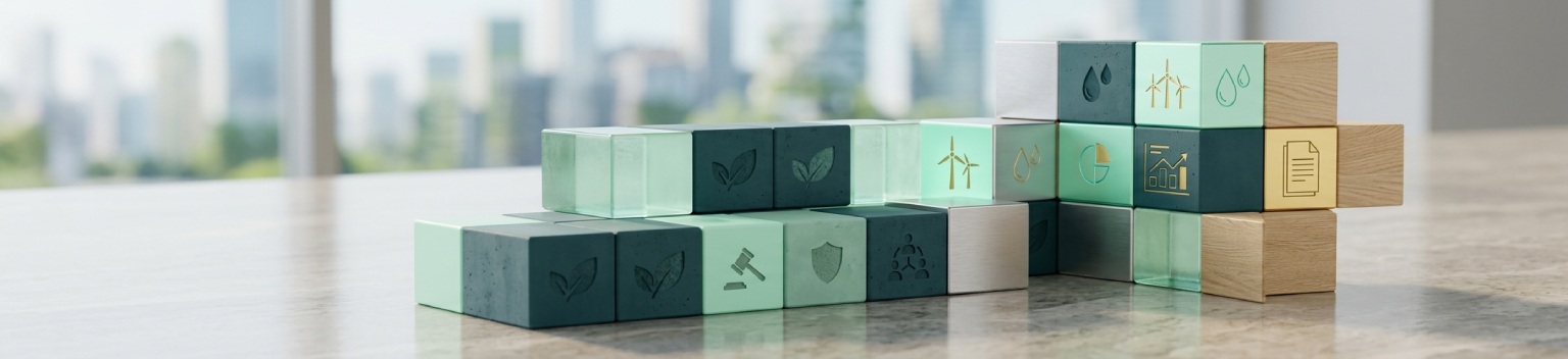 Modular blocks with ESG icons representing VSME Basic and Comprehensive sustainability reporting modules
