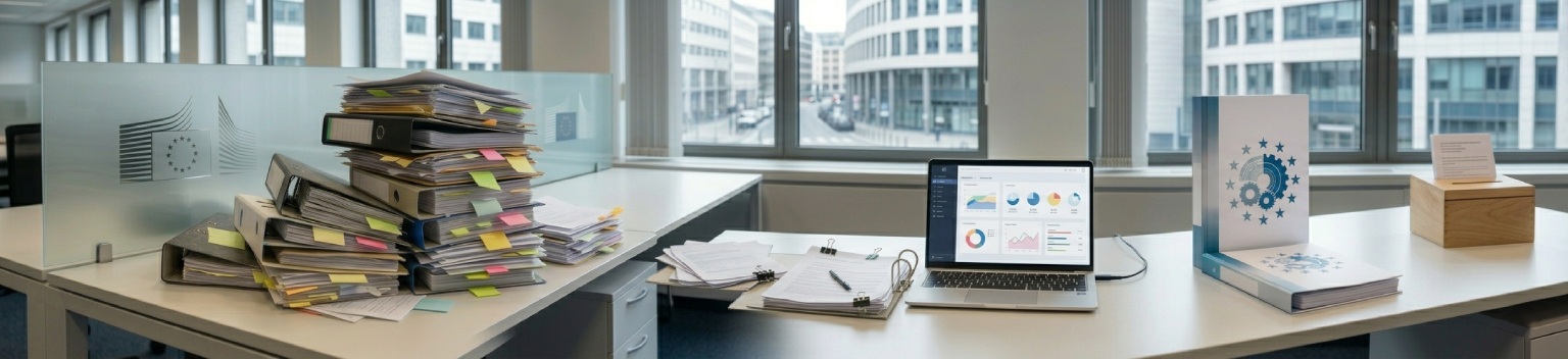 Simplified ESRS draft: contrast of heavy paperwork vs streamlined European Commission sustainability reporting standards