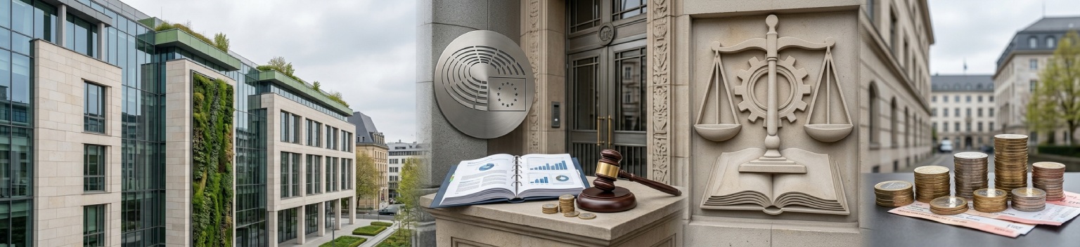 Panoramic collage of EU regulatory symbols, a legal gavel, scales of justice, and Euro coins, representing ESMA enforcement of ESG rating penalties