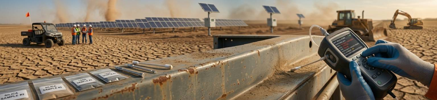 Industrial ESG dust analysis and environmental air quality testing at a solar construction site.