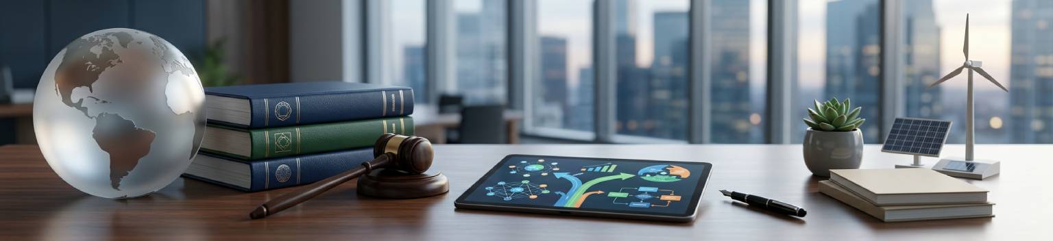 Corporate office desk with legal books, globe, and sustainability icons for global ESG compliance.