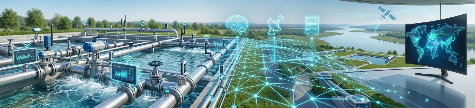Smart water management infrastructure with digital network monitoring overlays and IoT sensors.