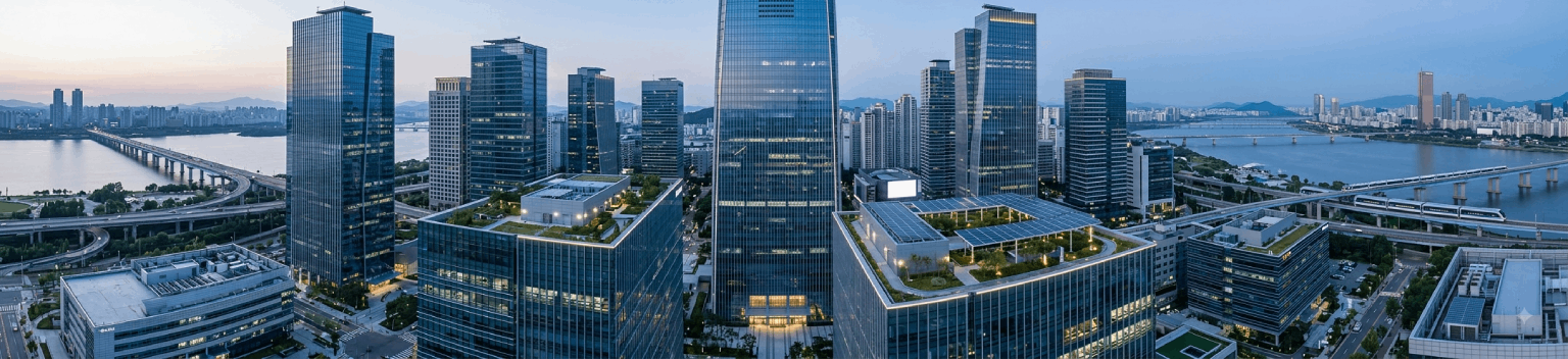 Panoramic skyline of modern glass skyscrapers in Seoul featuring rooftop solar panels and green sustainable urban architecture.