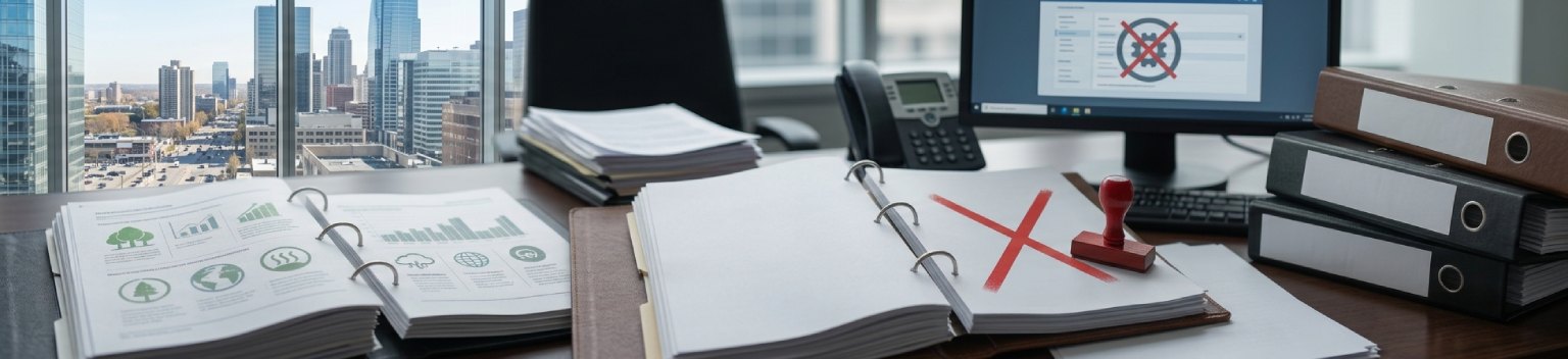 A red 'X' over financial charts and reports on an office desk, symbolizing climate change policy and regulation cancellation.