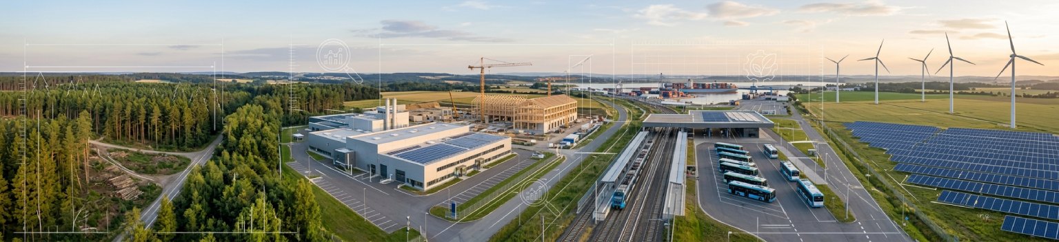 A wide panoramic image depicting key sectors of the EU Taxonomy, including forestry, green construction, sustainable transport, and renewable energy, overlaid with technical analysis and compliance symbols.