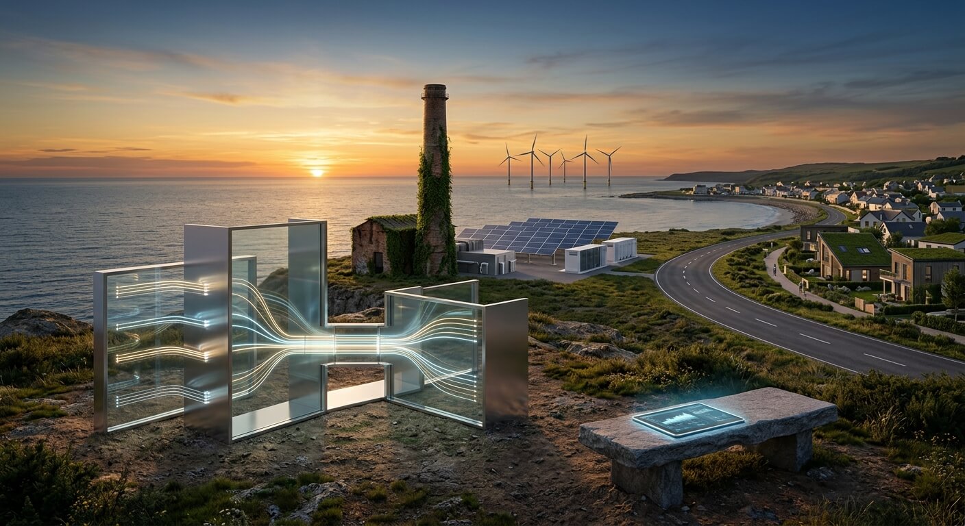 Coastal landscape with wind turbines and solar panels illustrating GRI 102 climate change transition.