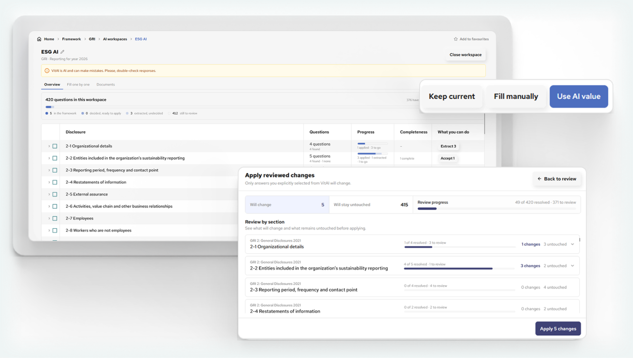 VitAI AI assistant interface answering ESG queries using stored sustainability data and indexed documents.