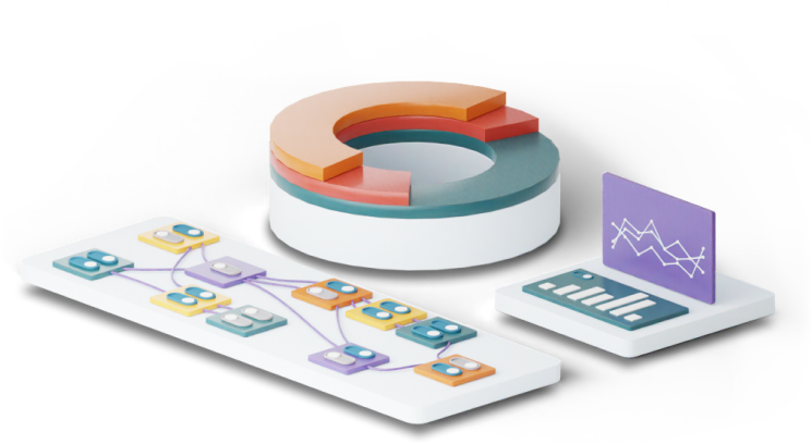 3D isometric illustration of a circular ESG data dashboard with analytics charts, representing multi-source data collection including API ingestion and file uploads