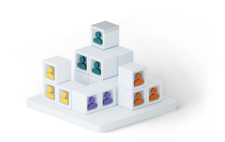 3D isometric diagram of a multi-level entity hierarchy with coloured human figures, representing portfolio company to fund to holding group delegation structures