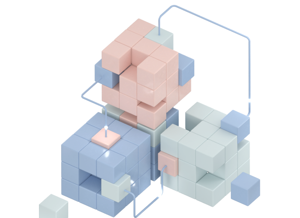 3D isometric illustration of interlocking modular blocks connected by a looped framework bridge, representing cross-framework ESG interoperability across ESRS, GRI, SFDR, and ISSB standards