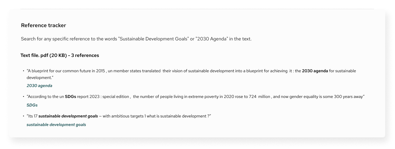 Screenshot of the SDG Mapper reference tracker by Generation Impact Global, highlighting keyword occurrences in a document