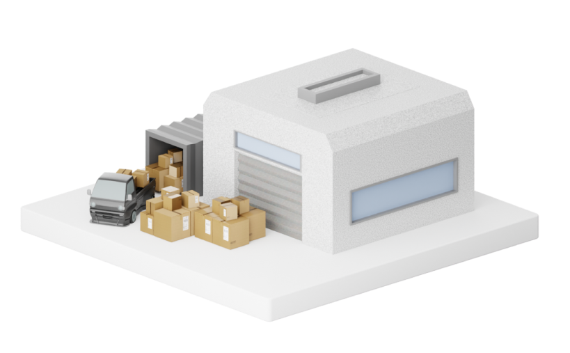 3D isometric warehouse and delivery trucks representing small and medium enterprise operations for VSME ESG reporting