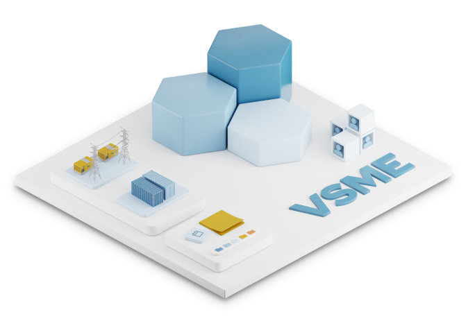 3D isometric layout illustrating the entry-level VSME Basic Module for small business Scope 1 and Scope 2 ESG disclosures