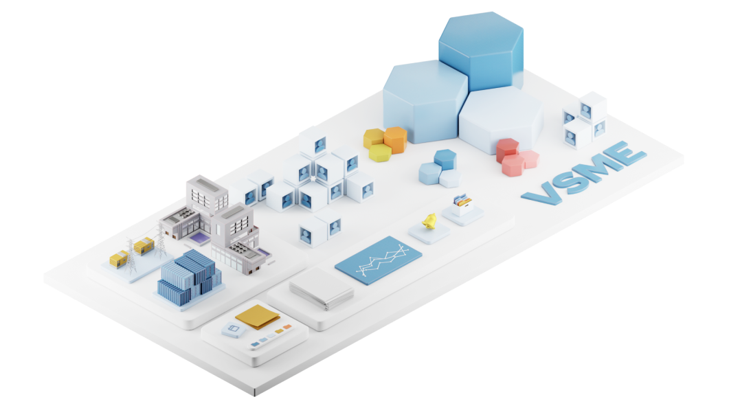 3D isometric diagram showing the VSME Comprehensive Module with expanded ESG metrics for growing businesses