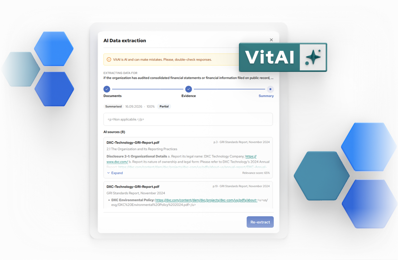VitAI interface demonstrating ESG evidence retrieval, structured extraction, and gap detection features.
